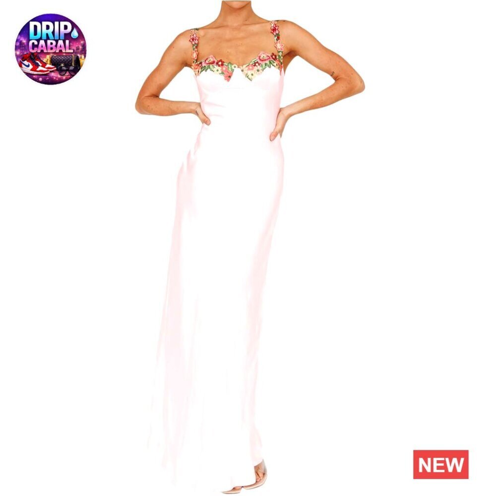 Satin Spaghetti Strap Embroidered Maxi Dress Sweetheart Neckline Backless Slit